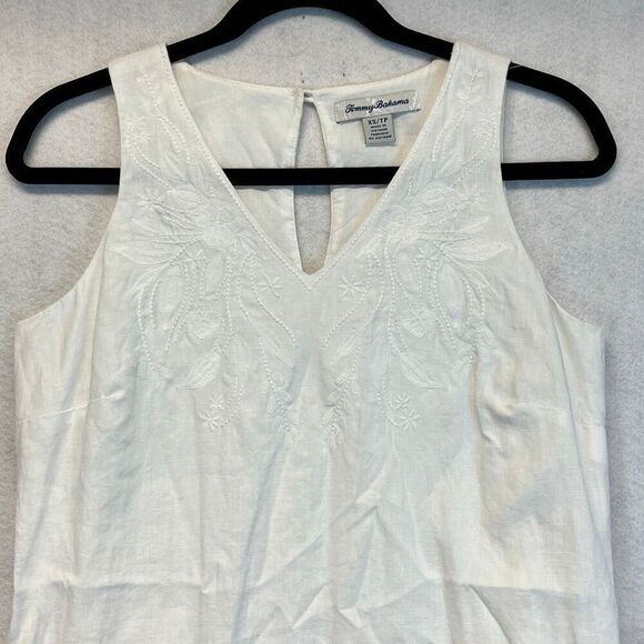 TOMMY BAHAMA Dress XS White Linen Sleeveless Embroidered Lined V-Neck Pockets - Picture 2 of 11